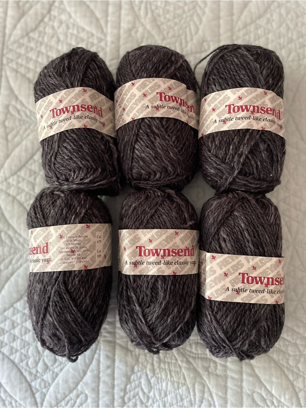 TOWNSEND Charcoal Tweed Yarn 125 Yards Per Skein 6 Skein Wool Mohair Acrylic